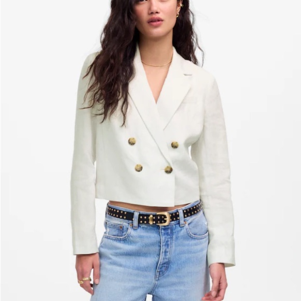 Madewell 2025 Double-Breasted Cropped Blazer in 100% Linen in Salt